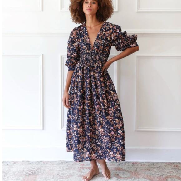 Mille Resort Camille 100% Cotton Smocked Midi Dress Montmarte Floral M - Picture 2 of 9